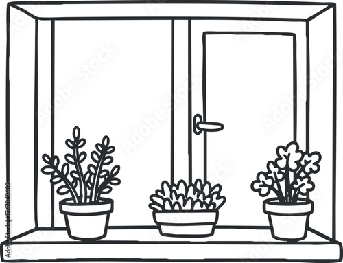 A simple black and white illustration of a window with potted plants on the sill.