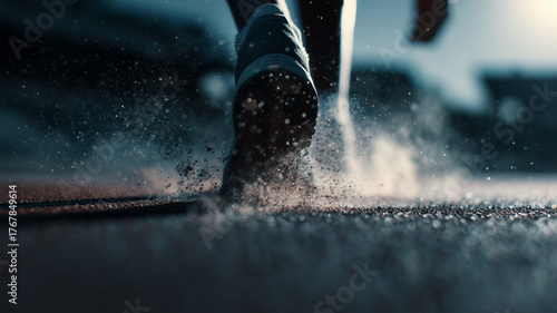 踏み切る瞬間の足元アップの情景描写