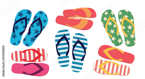 Collection of colorful flip flops with various patterns and designs, perfect for summer, beach, or vacation-themed projects.
