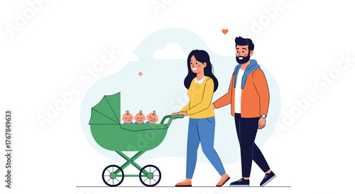 A happy couple walks with a stroller carrying triplets, enjoying a family outing.