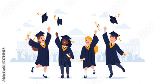 Celebrating graduation: Diverse group of students toss caps and diplomas in the air, symbolizing achievement and success.