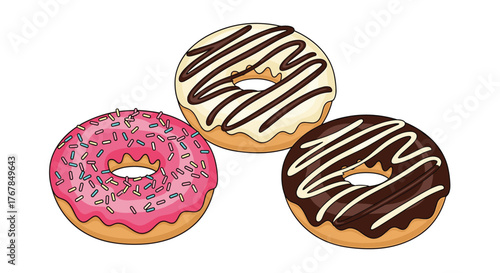 Three delicious cartoon-style donuts with pink sprinkles, white frosting and chocolate glaze look tempting and ready to eat.