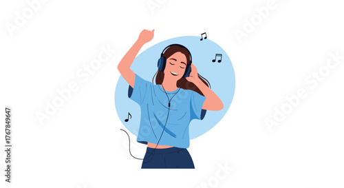 Illustration of a young woman enjoying music with headphones and dancing.