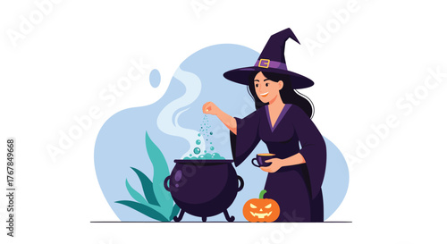 A cartoon witch wearing a hat is stirring a cauldron for a Halloween party.