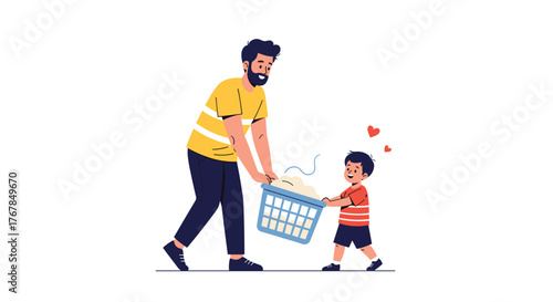 Father and son joyfully carry a laundry basket together, demonstrating teamwork and family involvement in household chores.