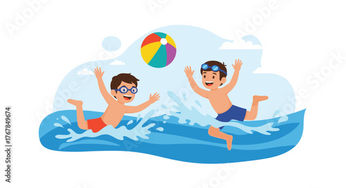 Two young boys in swimming goggles splash and play with a colorful ball in the water.