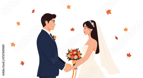 Autumn wedding illustration featuring a bride in a white dress and a groom in a suit holding hands as maple leaves fall in the background.