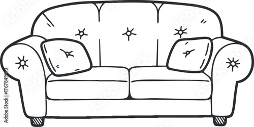 A stylish illustration of a comfortable sofa with cushions, perfect for living room decor.