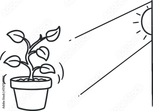 A simple illustration of a plant in a pot growing towards sunlight for indoor decor.