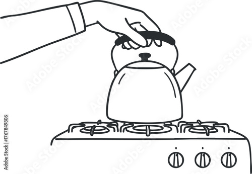 A hand holding a kettle over a stove indicating the process of boiling water.