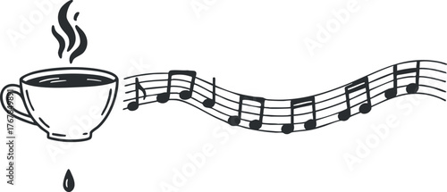 A whimsical illustration of a steaming coffee cup accompanied by musical notes.