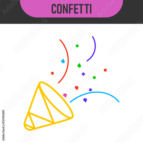 Black and color line icons for confetti. Celebratory confetti cannon explosion in simple line art style. Vector illustration