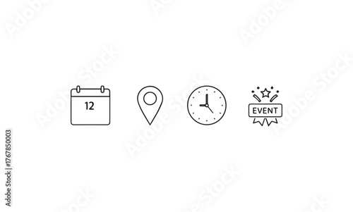 time location calendar icon set. Address, notification bell. clock sign. location pin signs. Calendar icon symbol. Location place, date reminder. Vector