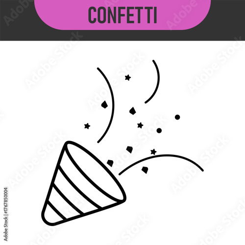 Black and color line icons for confetti. Celebratory confetti cannon explosion in simple line art style. Vector illustration