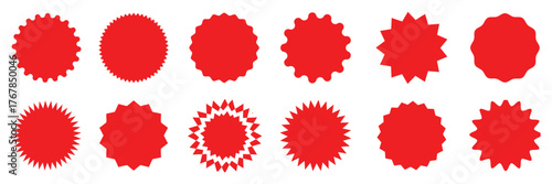 Set of red starburst, sunburst badges. Design elements best for sale sticker, price tag, quality mark. Flat vector illustration isolated on white background.