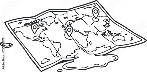Illustration of a world map with location pins and a spilled liquid effect.
