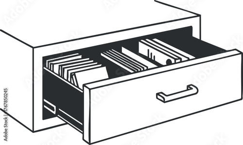 Illustration of an open drawer filled with organized files and documents for office storage.
