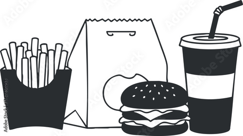 A classic fast food meal featuring a burger fries and soda in a takeaway container.