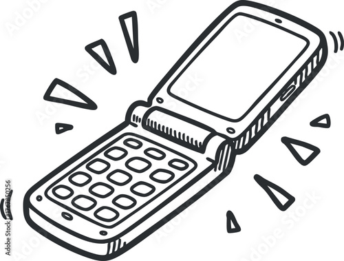 A hand-drawn illustration of a flip mobile phone with a simple and retro design.