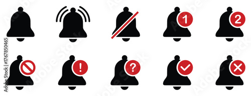 Bell notification icon set. Alarm bell icon set for notification and reminder.  Alarm symbol. Reminder icon of ringing bells, sign for incoming inbox messages. 