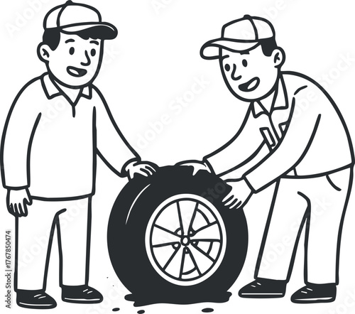 Two mechanics collaborating to change a tire in a friendly and professional manner