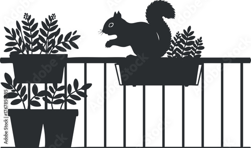 A playful squirrel perched on a balcony surrounded by various plants and pots.