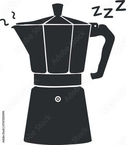 A silhouette of a moka pot depicting a brewing coffee scene with steam and relaxation.