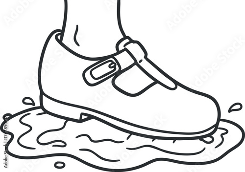 A playful illustration of a foot wearing a shoe splashing in a puddle.