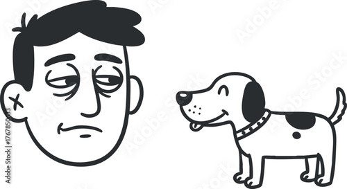 A cartoon illustration featuring a person and a playful dog sharing a humorous moment.