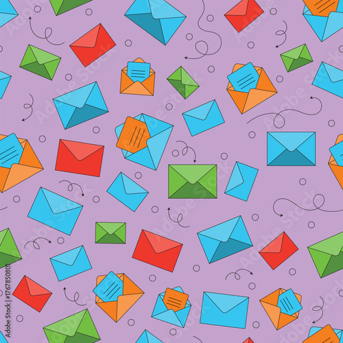 Seamless background featuring colorful envelopes and letters in playful style perfect for mail themes communication designs and creative stationery patterns