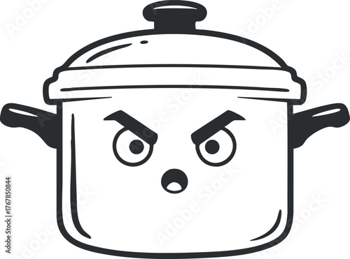 A cartoon angry pot character expressing emotions in a humorous kitchen setting.