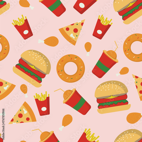 Seamless background featuring burgers pizza fries donuts drinks and chicken pieces in bright colors perfect for food packaging cafe wallpaper and restaurant design themes