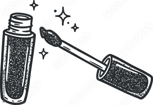 Illustration of a sparkling lip gloss tube with a wand and glitter for beauty enthusiasts.