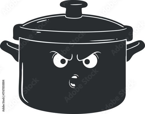 An angry cartoon pot with a frowning face perfect for humorous kitchen illustrations.
