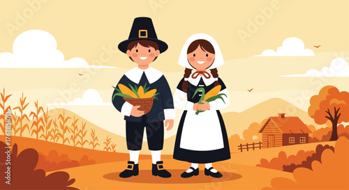 Thanksgiving illustration featuring two smiling children dressed as pilgrims in a harvest landscape, celebrating the season with corn.