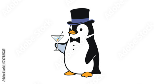 Dapper penguin in a tuxedo and top hat holding a martini glass.