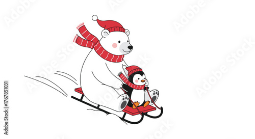 An adorable polar bear and a small penguin dressed in red winter attire, joyfully sledding down a gentle snowy slope, sharing a fun moment.