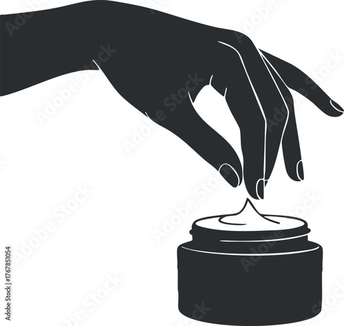 A silhouette of a hand applying cream from a jar, symbolizing skincare and beauty.