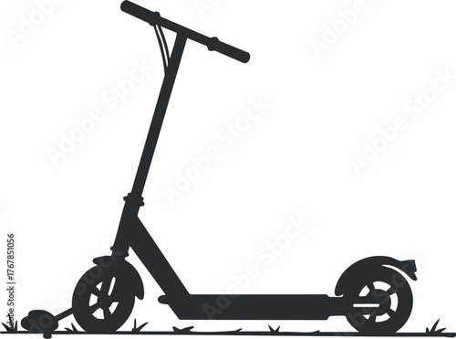 A silhouette of a modern scooter on grass representing urban transportation and eco-friendly mobility.