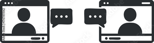 Illustration of two users engaging in an online video chat with speech bubbles.