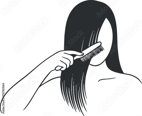 A minimalist illustration of a woman combing her long hair for grooming and beauty.
