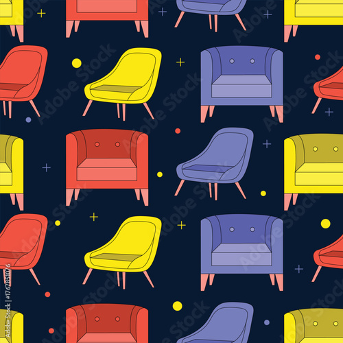 Seamless background featuring colorful chairs and armchairs on dark backdrop perfect for interior decoration furniture themes wallpapers textile prints and modern design projects