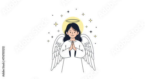 A serene cartoon angel with dark hair, a golden halo, and white wings, praying with clasped hands amidst sparkling stars.