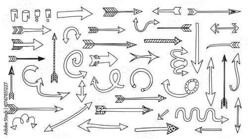 Collection of hand-drawn arrows in various styles and directions, isolated on white.