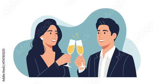 A celebratory toast between a man and a woman, depicted with champagne flutes and joy, set against a stylish backdrop.