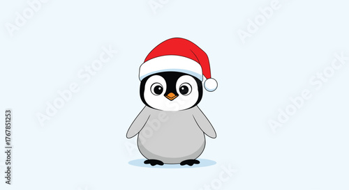A cute cartoon baby penguin wearing a festive red and white Santa hat, standing cheerfully against a light blue background.
