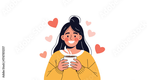 Illustration of a smiling woman holding a steaming mug, surrounded by hearts, expressing warmth and affection in a cute, stylized design.