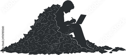 A silhouette of a person working on a laptop surrounded by piles of paper representing stress.
