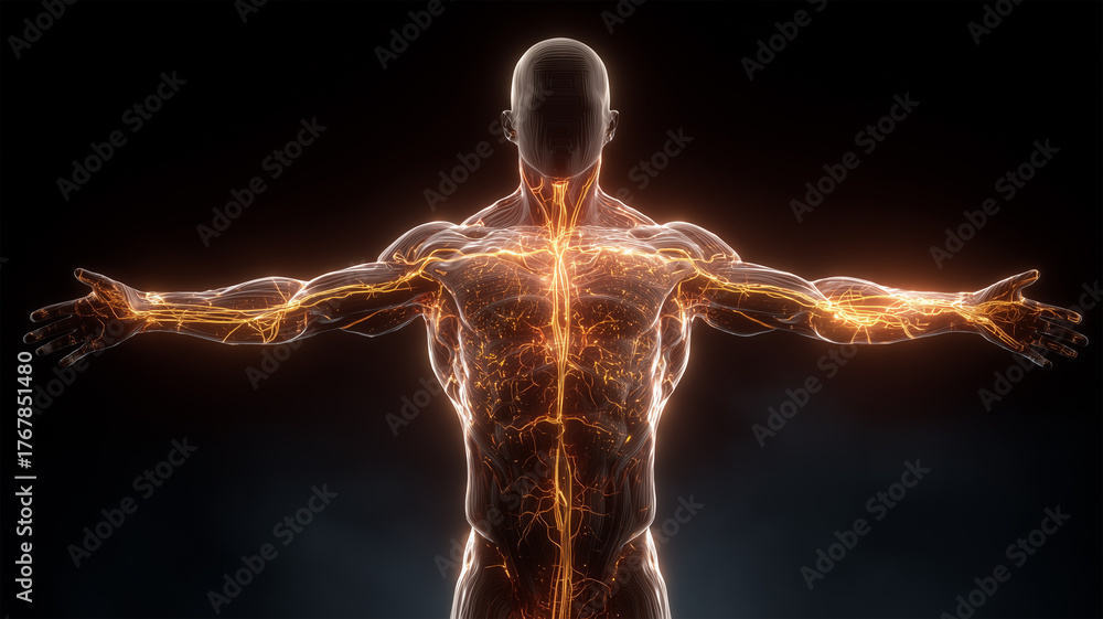 Obraz premium 胸部と腕を走る神経の光可視化の描写
