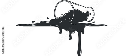 A stylized illustration of a cup spilling black liquid on a surface.